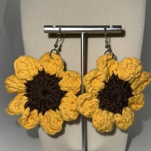 Sunflower Crochet Earrings Pierced w French Hooks Yellow & Brown